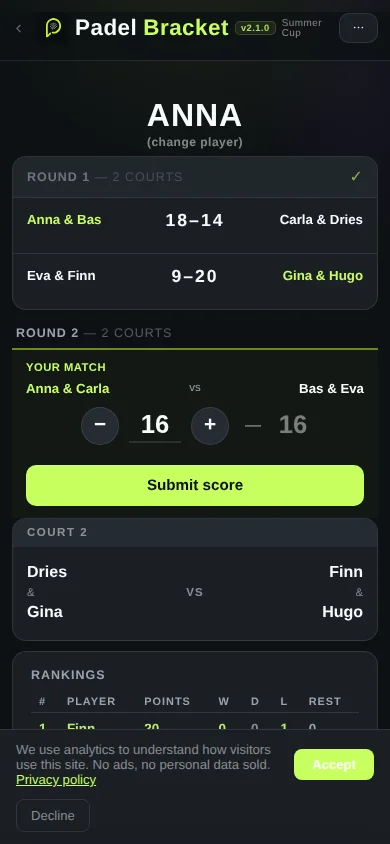 Padel player view with the player's own court, partner and opponent highlighted