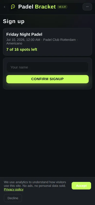 Padel tournament join screen showing event name and remaining spots