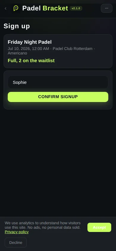 Padel tournament signup confirmation showing a player placed on the waitlist